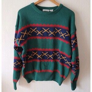 NOS VTG Claiborne Grandpa Sweater Large Crewneck Geometric Geen L Cotton 80s 90s